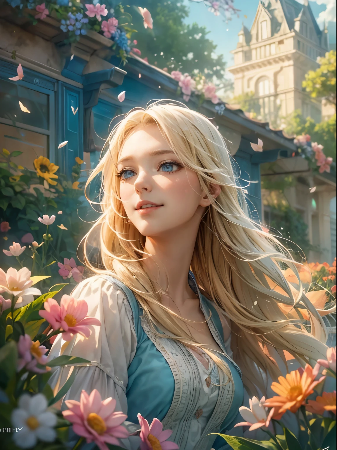 exquisitedetails, Highest quality 8K resolution, Ultra-detailed, Realistic, Vibrant colors, Soft tones, With warm and gentle lighting,(Smooth straight blonde hair:1.2),(Hair parted in the middle:1.2),(Glowing hair),(Deep Blue Eyes:1.3),Garden Girl,Smiling with tears in her eyes,With an overflowing soft and gentle feeling, Multiple Corner Turns,Visible emotions and specific emotions, I want to believe, Use illustrations,Long-haired beautiful girl fluttering in the wind,The promenade is full of flowers, Create colorful reflections.The sun's rays illuminate joy and pure love, Cast a warm golden glow on the girl's face. Their love is like a blessing from God, Free yourself from the hassles of this world. The atmosphere is full of happiness and laughter, It's like heaven、As if in praise of love. The artwork is、Create a combination of digital illustrations and photos, Sticking to ultra-detailed depictions and vivid colors. In a style that blends romanticism and realism、You can feel the depth of love. The color palette consists of soft pastel tones, Create an ethereal atmosphere like a dream. and the lighting is soft and diffused, Cast a gentle light on the face,、The warmth of the hug increases. The artwork is a masterpiece, Meticulously crafted to capture the essence of an unbreakable bond.