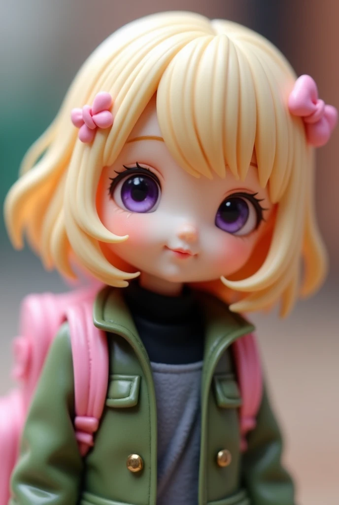 A highly detailed anime-style figure in a figurine or doll-like art style, resembling porcelain or toy material. The cute young girl has short, wavy, light blonde hair decorated with a single pink bow and a heart-shaped clip, but without the bone-shaped clip. Her large, shiny purple eyes give her an innocent and adorable expression. She is dressed in a green camouflage jacket over a black turtleneck sweater and is wearing a pink backpack. The overall look is sweet and adventurous, with a smooth, polished finish that highlights the toy-like appearance.