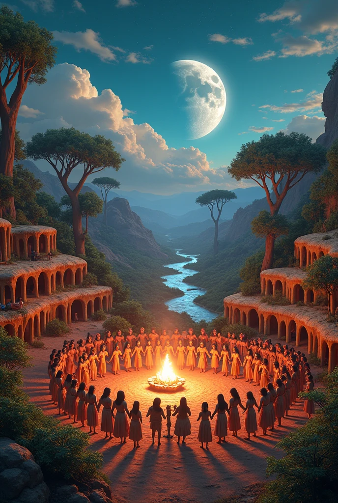 scenario with many indigenous people on Mars , and several villages made of hollow , e várivers indígenas dançando em círculos e muitas músicas, rivers, auspicious clouds, moon light, Trees,animals , camp fire , Indians dressed in straw clothes and painted faces , ultra HD, high qualiy, extremely detaild, offcial art, super detaill, 32k - v.6