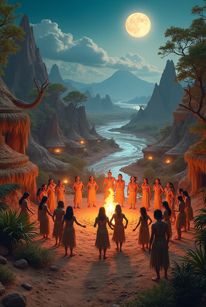 scenario with many indigenous people on Mars , and several villages made of hollow , e várivers indígenas dançando em círculos e muitas músicas, rivers, auspicious clouds, moon light, Trees,animals , camp fire , Indians dressed in straw clothes and painted faces , ultra HD, high qualiy, extremely detaild, offcial art, super detaill, 32k - v.6