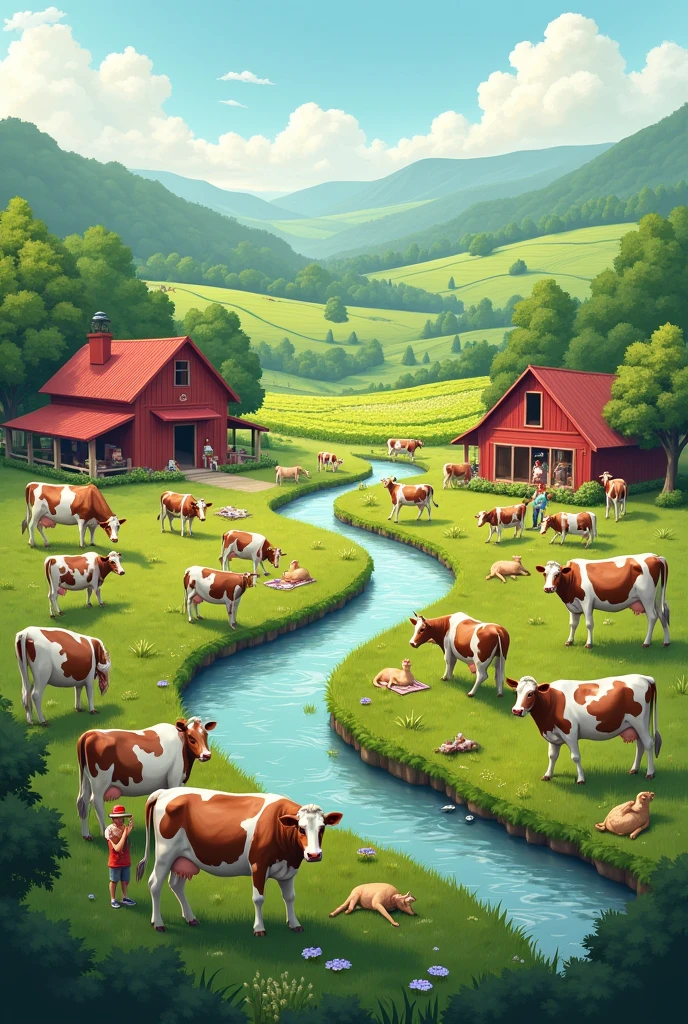 Create a farm with cows, for reliable and quality healthy milk advertising 