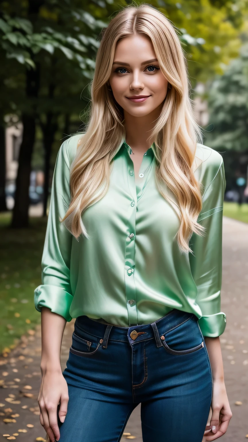 Realistic full body photo of a smiling, Young blonde woman with long hair, She dances in front of the camera in a long, green silk shirt and tight black jeans..., Park,glamour fotoshooting, Park, perfect anatomy, perfect blue eyes. Perfect hands with 5 fingers on each hand, Matching girl, looking at the camera, 1 Frau. (Eye make up:1.1), (highly detailed skin:1.1), spirit, analog style, keen focus, 8K UHD, dslr, good quality, Fujifilm XT3, Grain, Award-winning, masterpiece. Park