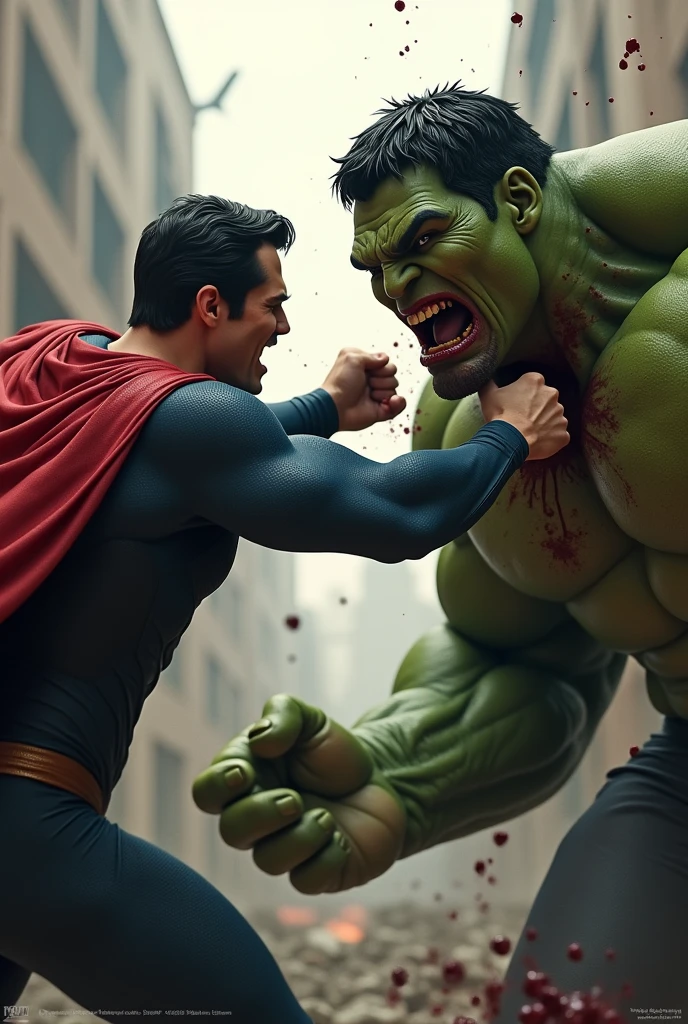 Superman punch his hulk face and hulk face teeth broke and bloody