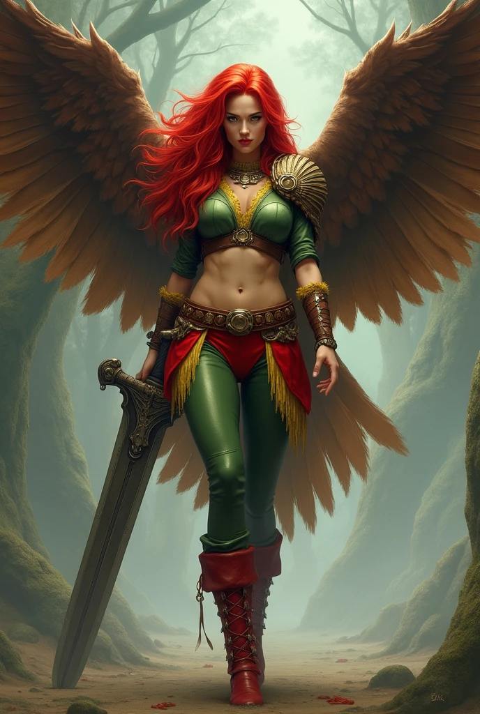 A beautiful red-haired woman wearing a green leather top with yellow in the middle and cali green leggings with red shorts over the leggings, red sheepskin boots, a giant wide-brimmed sword, huge brown falcon wings that cover her entire body, a brown harness on her chest