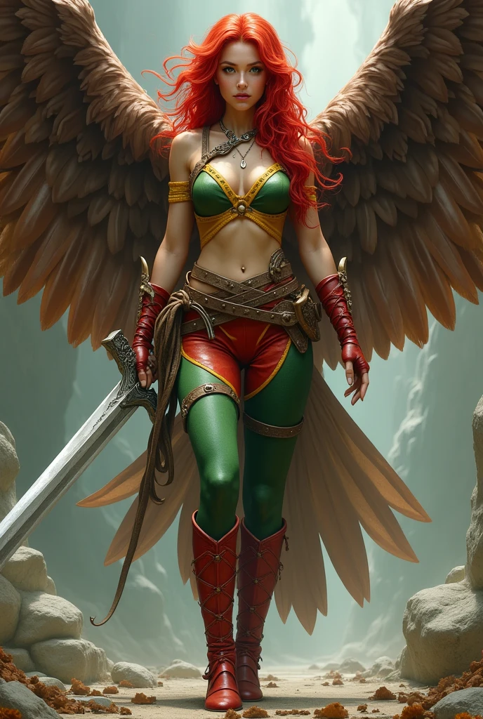 A beautiful red-haired woman wearing a green leather top with yellow in the middle and cali green leggings with red shorts over the leggings, red sheepskin boots, a giant wide-brimmed sword, huge brown falcon wings that cover her entire body, a brown harness on her chest
