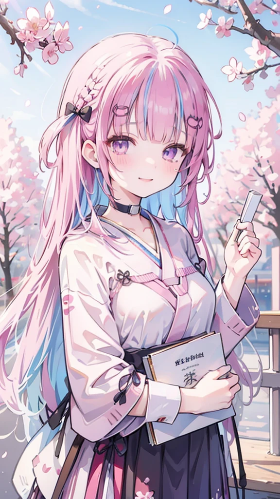 japanese school,commencement,Under the cherry blossom tree,Cherry blossoms fall,Graduation certificate in hand,Smile,Tears from the corners of the eyes