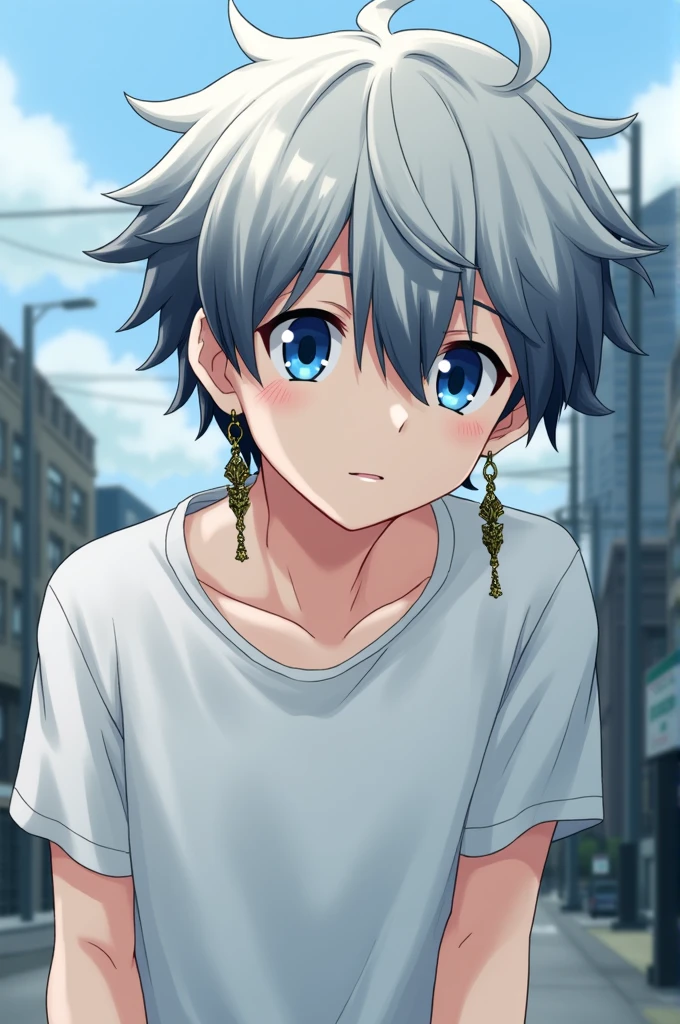 The image shows an anime style character/manga with short wavy hair. The hair is predominantly white, but with some dark highlights, almost bluish, especially at the bottom. The character has big eyes, blue and expressive. He wears long, ornate earrings in both ears.. The background of the image appears to be an urban area with buildings in the background., suggesting that the character is in a city. He's wearing a simple T-shirt, and his facial expression is neutral, conveying a sense of calm or reflection.