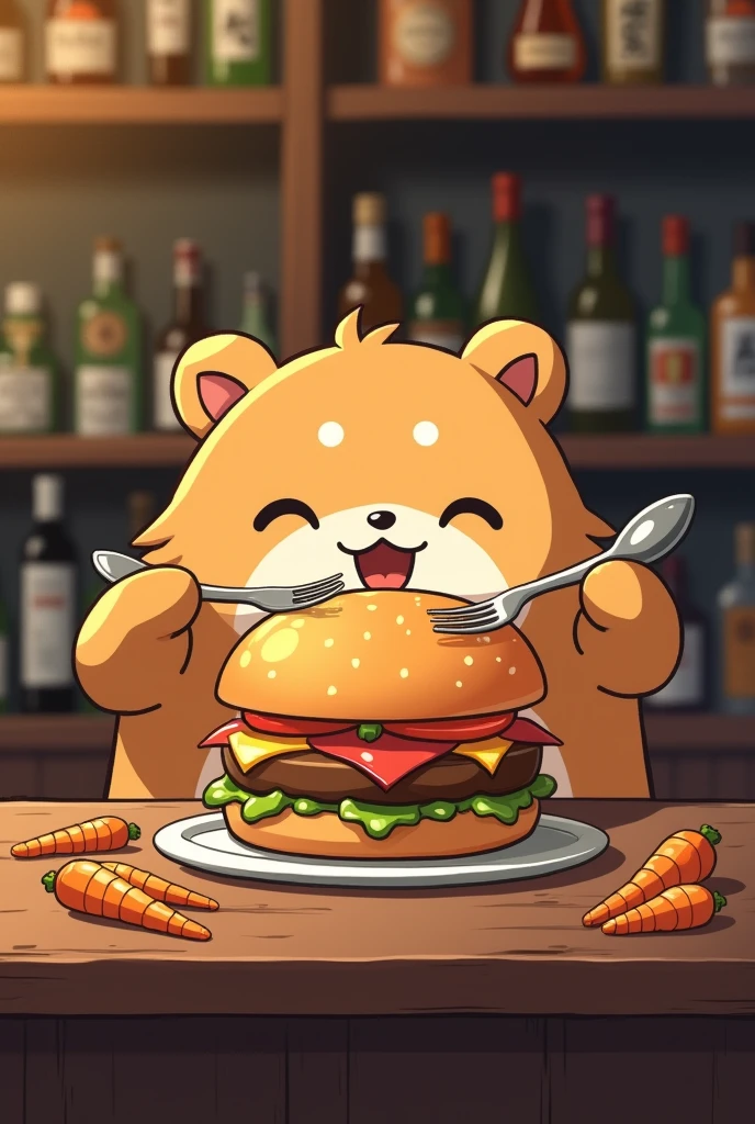 A cute tanuki that looks like it came out of a Ghibli movie、Eating a hamburger lunch at a liquor store with gusto。
The fluffy, anime-style hamburger is 200g in size.、Garnish with glacé carrots。Eat with a spoon and fork。