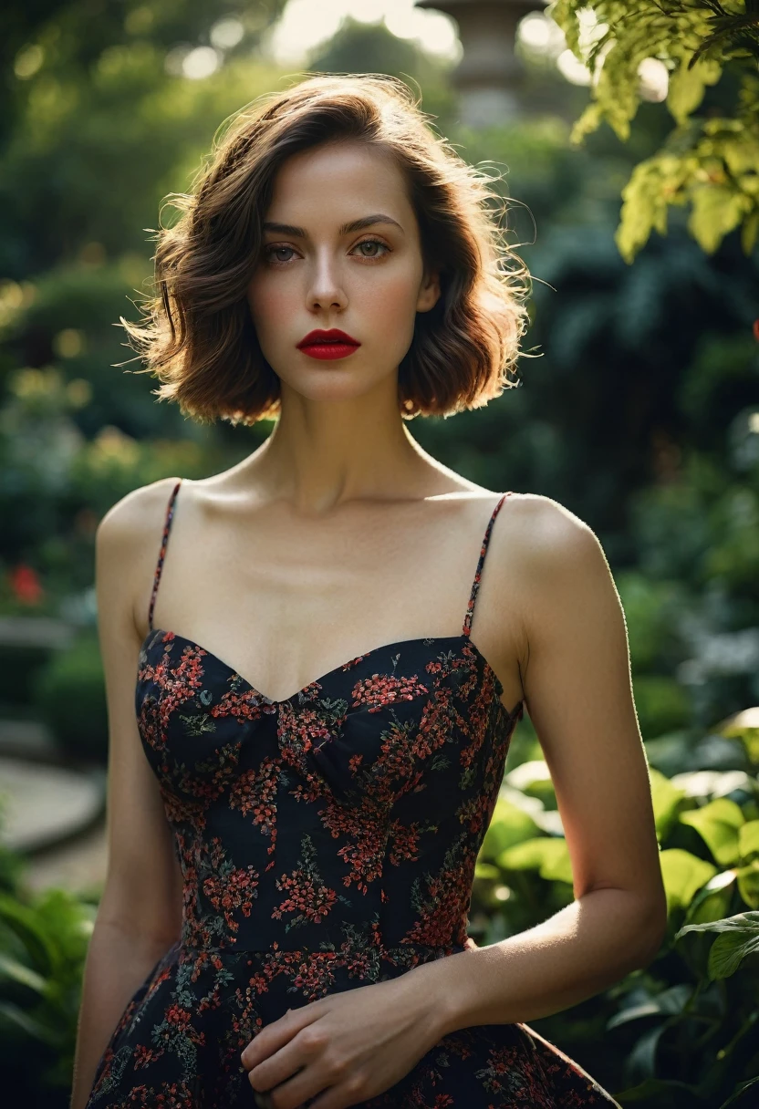 short hair, nnlnnx, (sharp focus:1.2), photo, attractive young woman, (beautiful face:1.1), detailed eyes, luscious lips, (bold red lip colour:0.85), (medium breasts:1.0), (slim body:1.2), (long hair:1.2), wearing (1980s peplum dress:1.2) in a (botanical garden:1.2). (moody lighting:1.2), depth of field, bokeh, 4K, HDR. by (James C. Christensen:1.2|Jeremy Lipking:1.1).