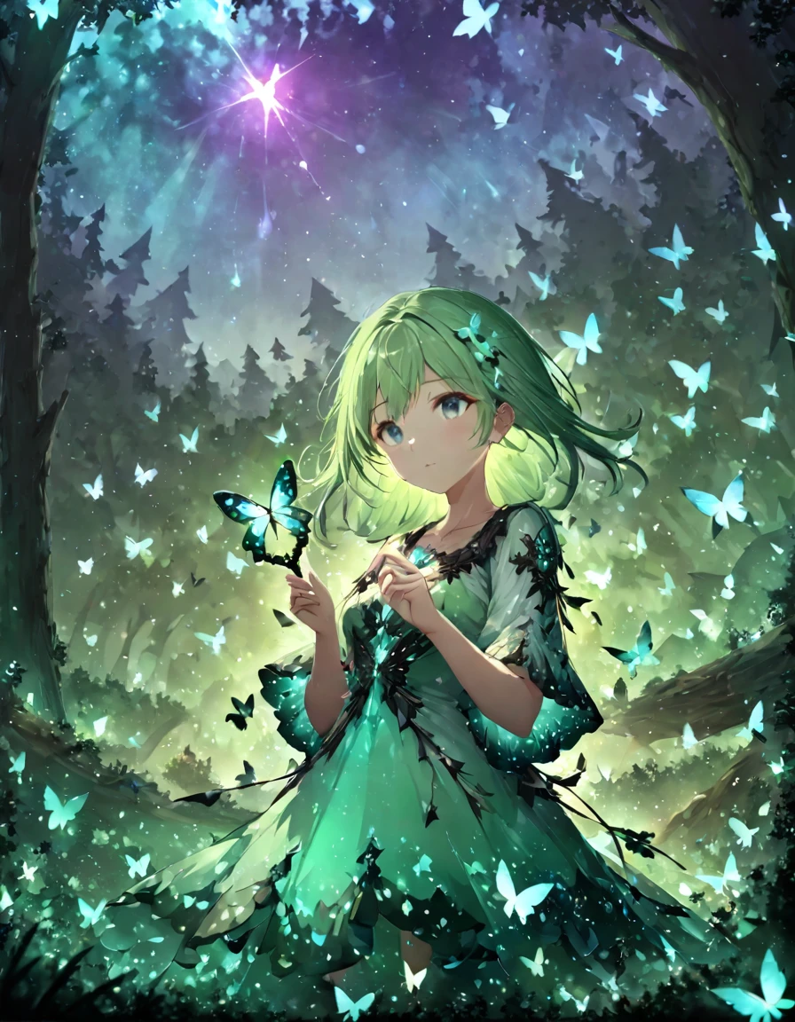 Highest quality、masterpiece、Very detailed、Finely detailed、High resolution、8k wallpaper、Fine and beautiful eyes、A  girl with green hair、Exact number of fingers、Countless butterflies fluttering、Holds something like a magic wand、Gazing at the sky、Forest in the background