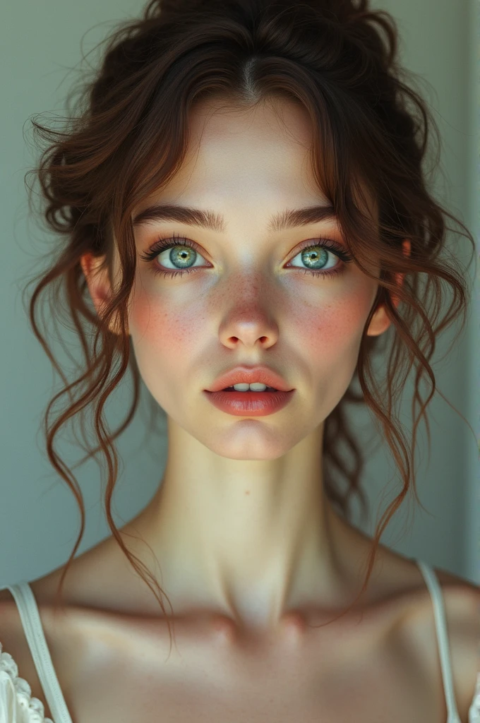A woman with blue and somewhat green eyes, white and reddish skin, round face and small nose, curly and light brown hair, with a height of 1.51 and a weight of 70 kilos