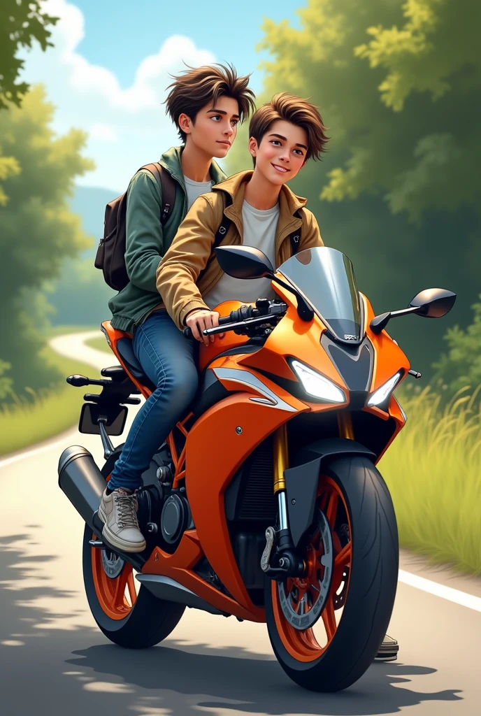 Two boy friends sitting on a KTM RC 200 bike.