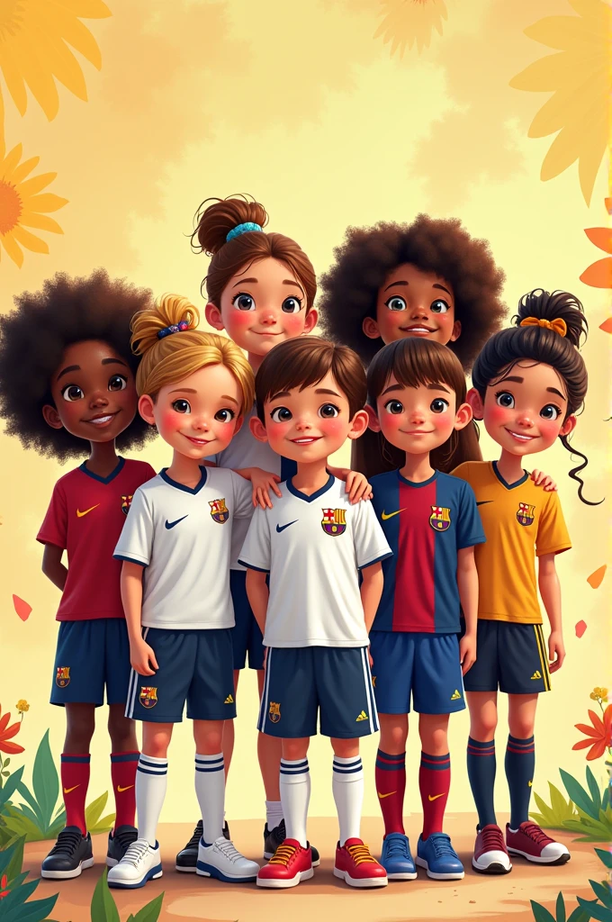 Create a mascot and make the mascot several people, including girls and boys, and some boys with a Real Madrid shirt and some girls with a Barcelona shirt.