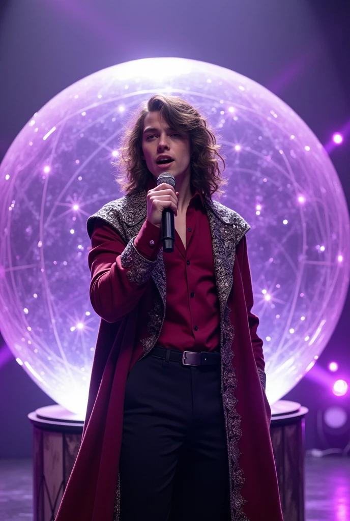 artwork best quality realistic image handsome american male teenager long brown hair flying fair skin with burgundy button down shirt and black pants with coat cape and hood on head in burgundy color with intricate silver details shining. the teenager is inside a giant crystal ball and singing with a microphone in his hand with purple lights around him illuminating him intricate details seen from afar in a show with details uhq details 8k realism