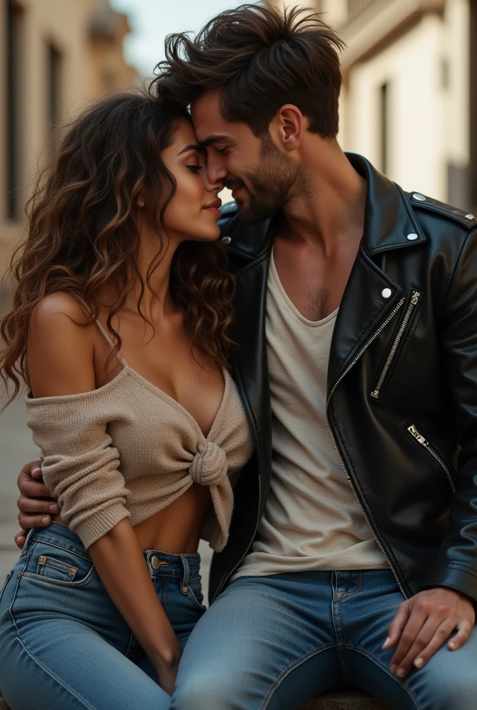 a couple, beautiful mbti intp girl, messy curly long hair, body, small chest, sweater top, jeans pants, handsome mbti istp man, messy short hair, big buff muscles, leather jacket, jeans pants, no beards, no mustache