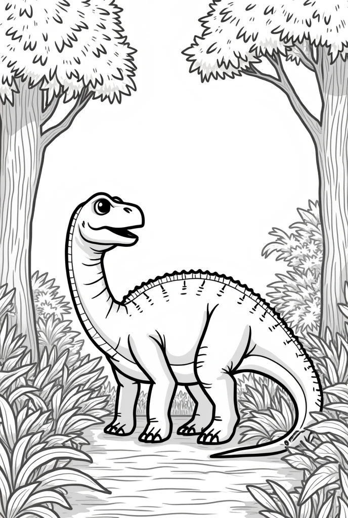 a herbivorous dinosaur feeding in a forest, black and white image, Picture for kids, made to color