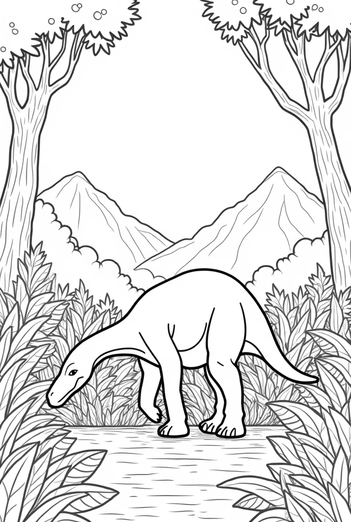a herbivorous dinosaur feeding in a forest, black and white image, Picture for , made to color