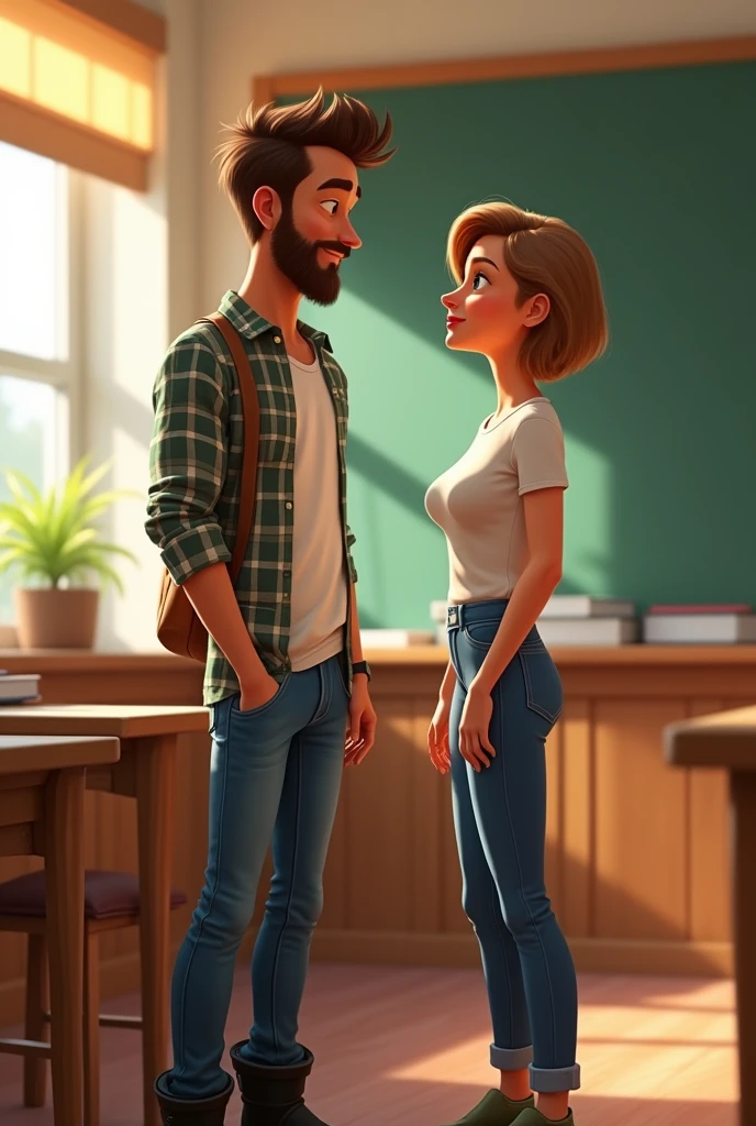 Disney Pixar style cover of a handsome man, high, thino white tea, brown hair combed to the side, with beard, green eyes, with jeans, plaid shirt, black boots in a classroom of a tall beautiful woman, thin, white tea, short, very short light brown hair 