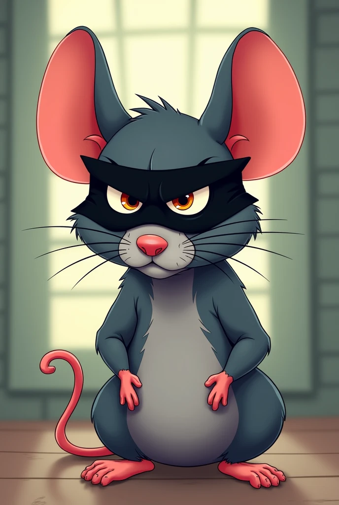 Create a serious rat in the foreground with a black mask in a cartoon style