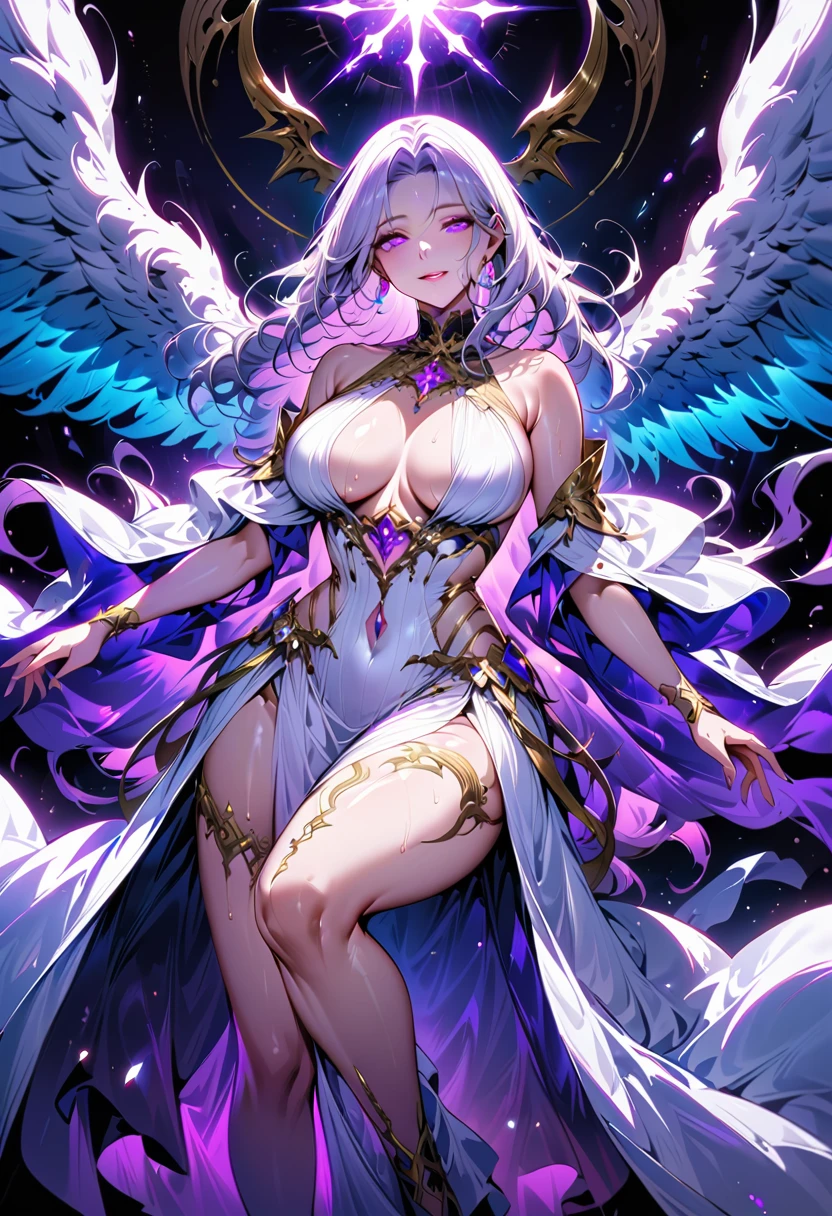 Mature beautiful woman,(Highest quality,Extremely detailed depiction,Incredibly absurd high resolution,Anatomically accurate depiction,Curvy Legs,Shiny skin,Porcelain-like skin),(She is a fantastical goddess in a mysterious costume),(Luxurious white dress),eyelash,eye shadow,eyeliner,mascara,makeup,(Intensely glowing purple eyes,Half-closed eyes:1.5,Glossy lips,Large Breasts,wing,whole body,She has shadows on her face,Gentle smile),Sweat,Purple light,Fantastic space,She is illuminated by a fantastical light,An aura of inclusiveness,High quality anime drawings