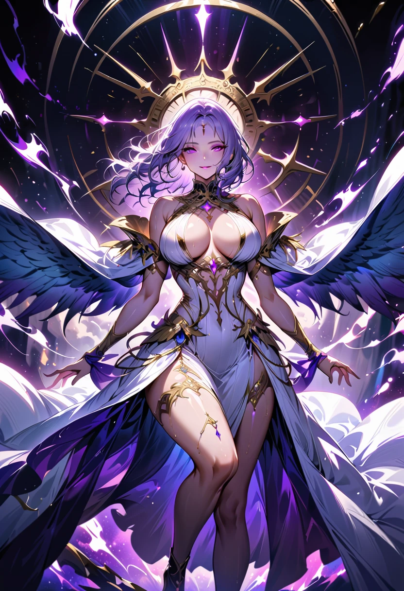 Mature beautiful woman,(Highest quality,Extremely detailed depiction,Incredibly absurd high resolution,Anatomically accurate depiction,Curvy Legs,Shiny skin,Porcelain-like skin),(She is a fantastical goddess in a mysterious costume),(Luxurious white dress),eyelash,eye shadow,eyeliner,mascara,makeup,(Intensely glowing purple eyes,Half-closed eyes:1.5,Glossy lips,Large Breasts,wing,whole body,She has shadows on her face,Gentle smile),Sweat,Purple light,Fantastic space,She is illuminated by a fantastical light,An aura of inclusiveness,High quality anime drawings