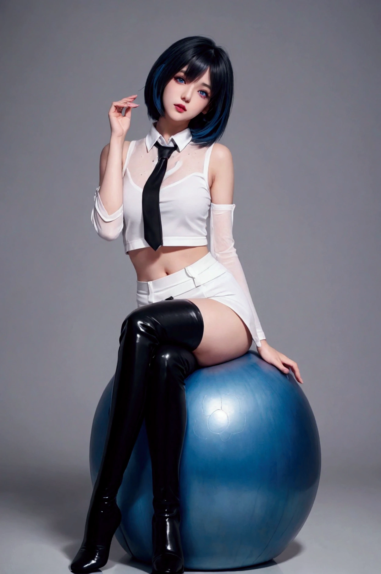 A (((full-body))) picture of an ethereally beautiful 1 girl. miku outfit,sleeveless shirt, grey shirt, detached sleeves, necktie, arm tattoo, skirt, thighhighs, thigh boots, masterpiece, best quality, 8k, Detailed skin texture, Detailed fabric texture, beautifull detailed face, intricate details, Super detailed, Portrait of Rei Ayanami, blue hair, blue eyes, wear glasses,head tilt,(masterpiece,Best quality,high resolution),Color Background,Acrylic paint,((Splash of Color,Ink splatter,Splash of Color)),Sweet Chinese girl,Thin waist,Navel,Huge ,Short curly hair,Straight Hair,White hair,Black Hair,Colorful Hair,Eyeliner,Glowing red eyes, Red X pupil,,flash,Peach Lips,White shirt,front,Upper Body. Her eyes are a striking blue, and she is wearing ((heavy black eye makeup)). She has a very slim body with long thin legs and large round breasts. She is wearing a tight white crop top, a very short black miniskirt, and black boots. She is sitting in a provocative pose that shows off her legs, and her (((whole body from head to toe))) is shown in the photo.