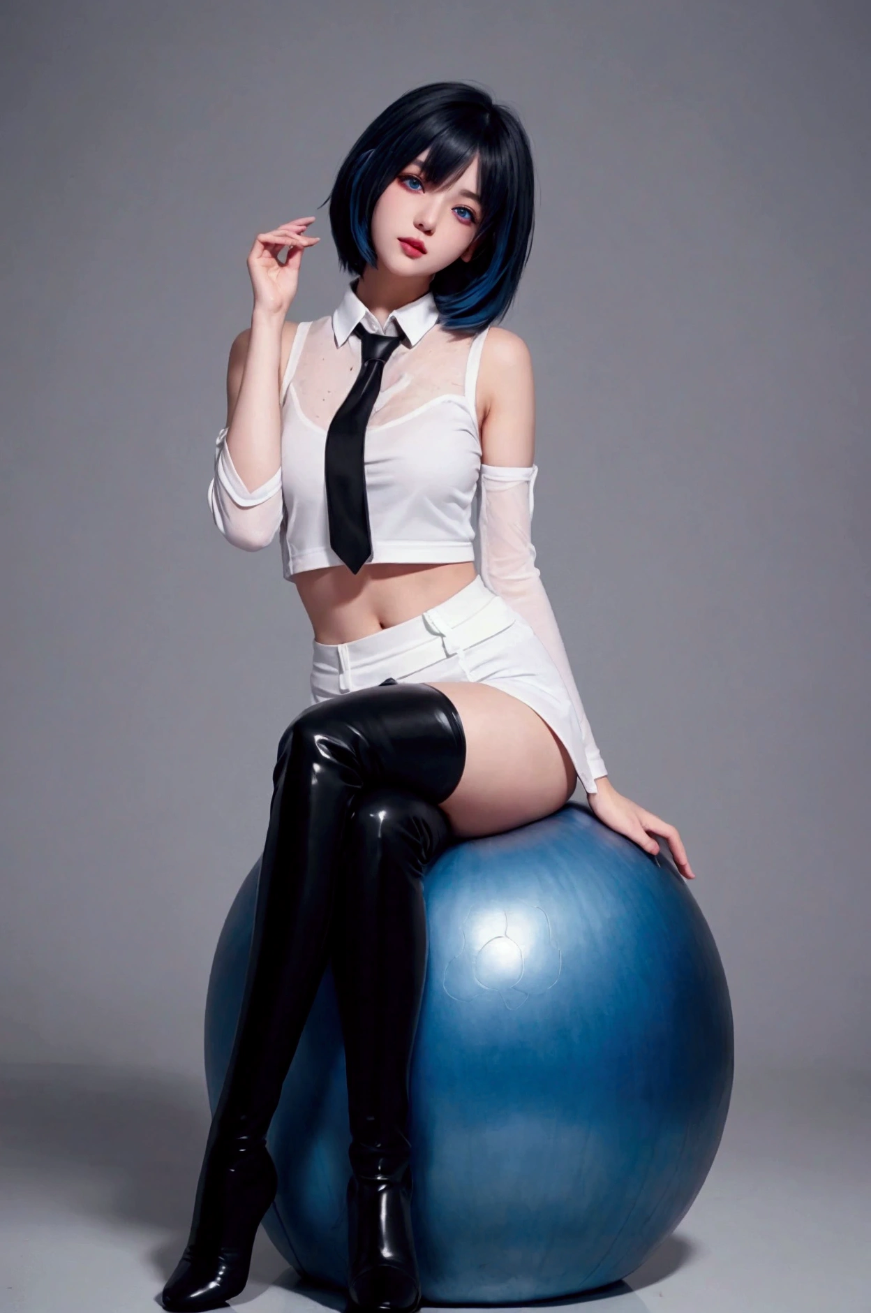 A (((full-body))) picture of an ethereally beautiful 1 girl. miku outfit,sleeveless shirt, grey shirt, detached sleeves, necktie, arm tattoo, skirt, thighhighs, thigh boots, masterpiece, best quality, 8k, Detailed skin texture, Detailed fabric texture, beautifull detailed face, intricate details, Super detailed, Portrait of Rei Ayanami, blue hair, blue eyes, wear glasses,head tilt,(masterpiece,Best quality,high resolution),Color Background,Acrylic paint,((Splash of Color,Ink splatter,Splash of Color)),Sweet Chinese girl,Thin waist,Navel,Huge ,Short curly hair,Straight Hair,White hair,Black Hair,Colorful Hair,Eyeliner,Glowing red eyes, Red X pupil,,flash,Peach Lips,White shirt,front,Upper Body. Her eyes are a striking blue, and she is wearing ((heavy black eye makeup)). She has a very slim body with long thin legs and large round breasts. She is wearing a tight white crop top, a very short black miniskirt, and black boots. She is sitting in a provocative pose that shows off her legs, and her (((whole body from head to toe))) is shown in the photo.