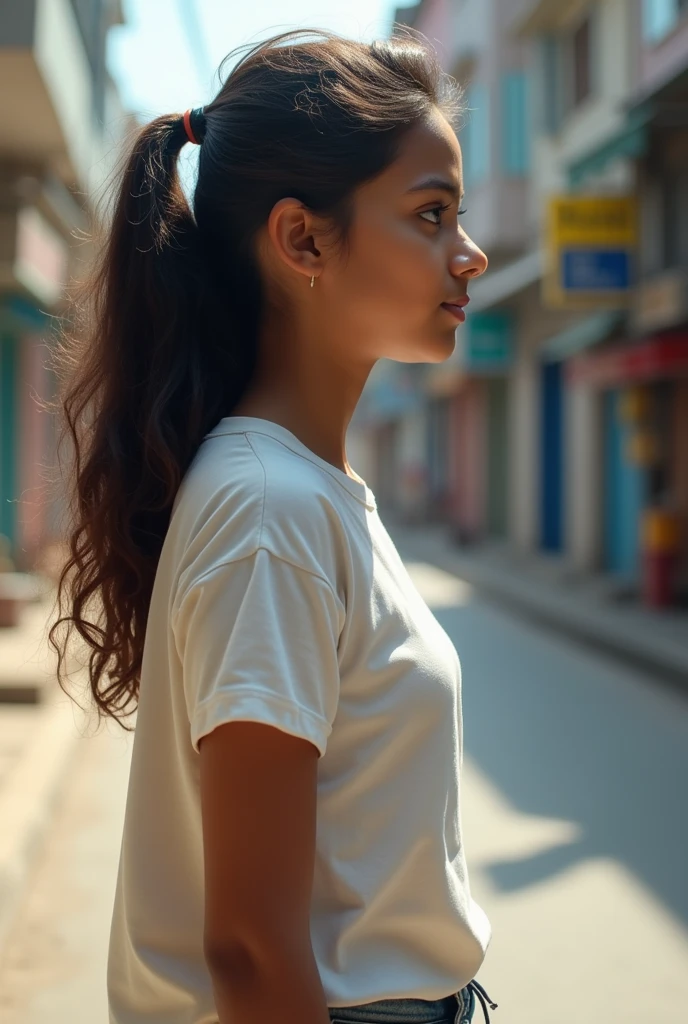 Tamil teen girl, wearing t shirt, walking in road, right side pose 