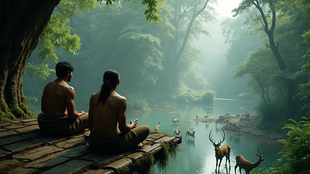 Two Indonesian hunters sit on a wooden bed in a tree staring at a pool of water in a forest with wild animals and ghosts drinking. View from above 8k