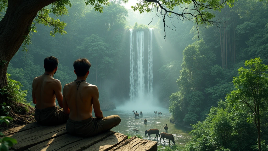 Two Indonesian hunters sit on a wooden bed in a tree staring at a pool of water in a forest with wild animals and ghosts drinking. View from above 8k  