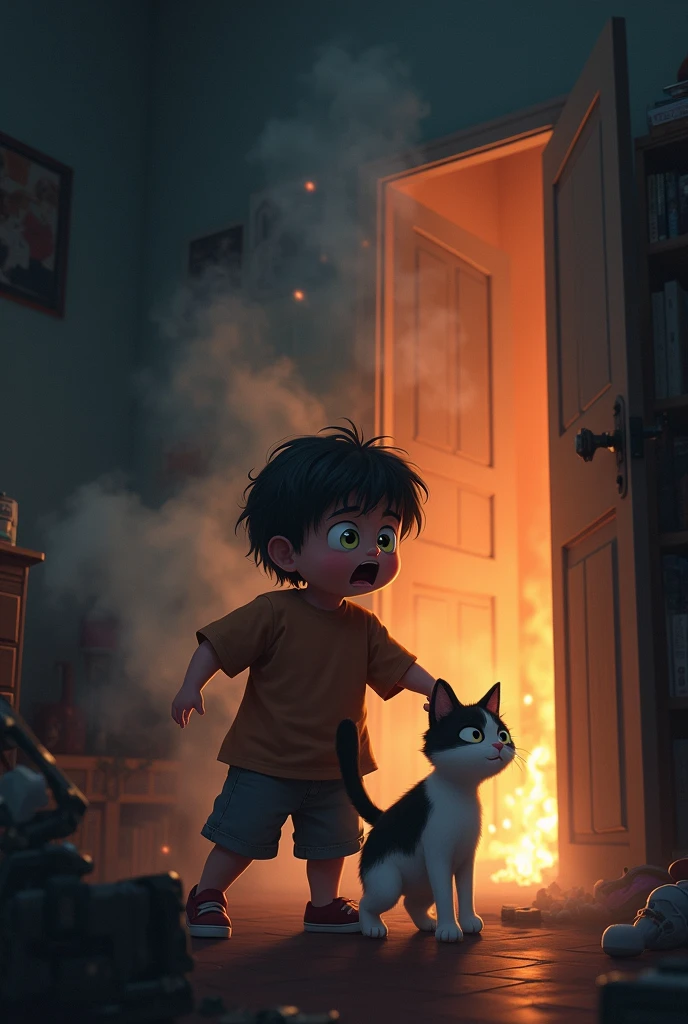 "A smoke-filled room, a child just waking up, with a cat nudging them urgently, flames visible through the doorway, showing a sense of urgency."