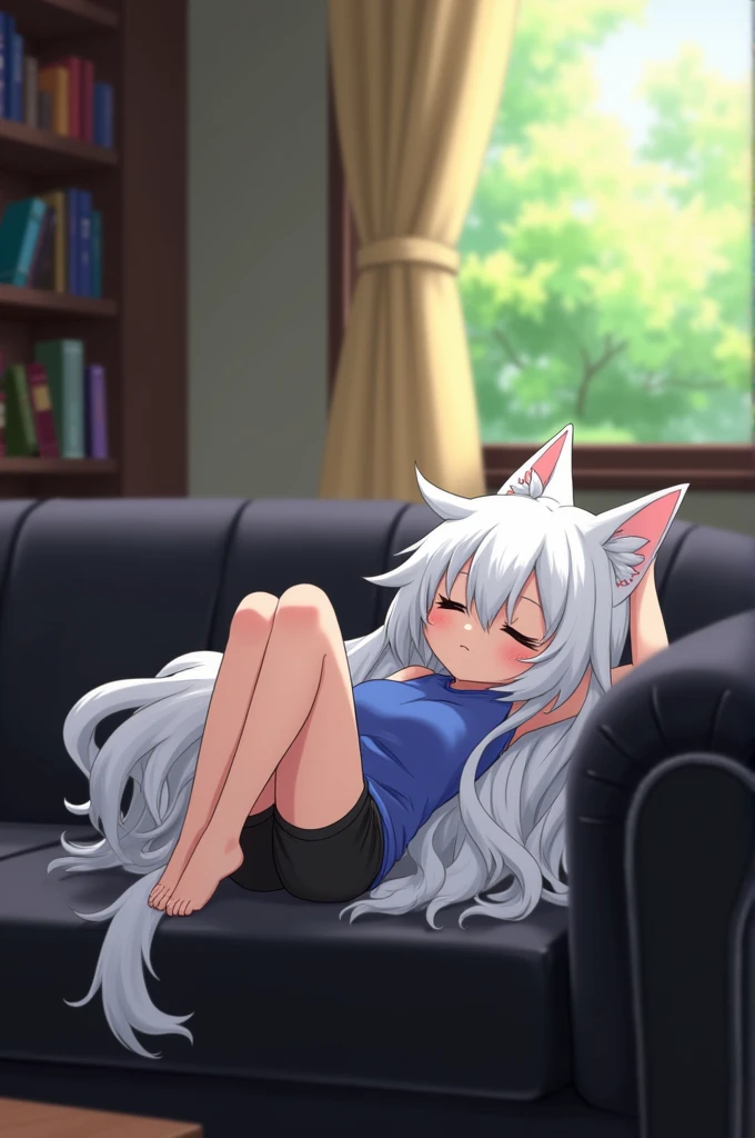 The image shows animated white cat with long white hair and cat ears sitting on a black leather couch. She is wearing a blue shirt and black shorts, and her legs are crossed in front of her. Her arms are resting on her knees and her head is tilted back, as if she is sleeping. The background shows a bookshelf and a window with a view of trees outside. The overall mood of the image is peaceful and relaxed.
