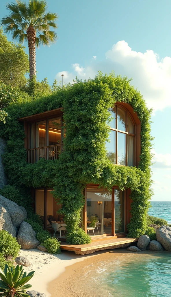 Explore this unique earth home seamlessly blending into its natural beachside surroundings. Covered in lush green plant life, it features a green roof and vibrant plant-adorned walls. Large windows fill the space with natural light, creating a peaceful, sustainable seaside haven.