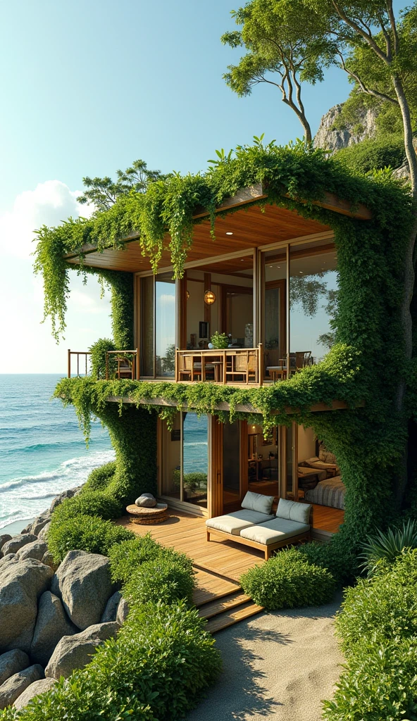 Explore this unique earth home seamlessly blending into its natural beachside surroundings. Covered in lush green plant life, it features a green roof and vibrant plant-adorned walls. Large windows fill the space with natural light, creating a peaceful, sustainable seaside haven.
