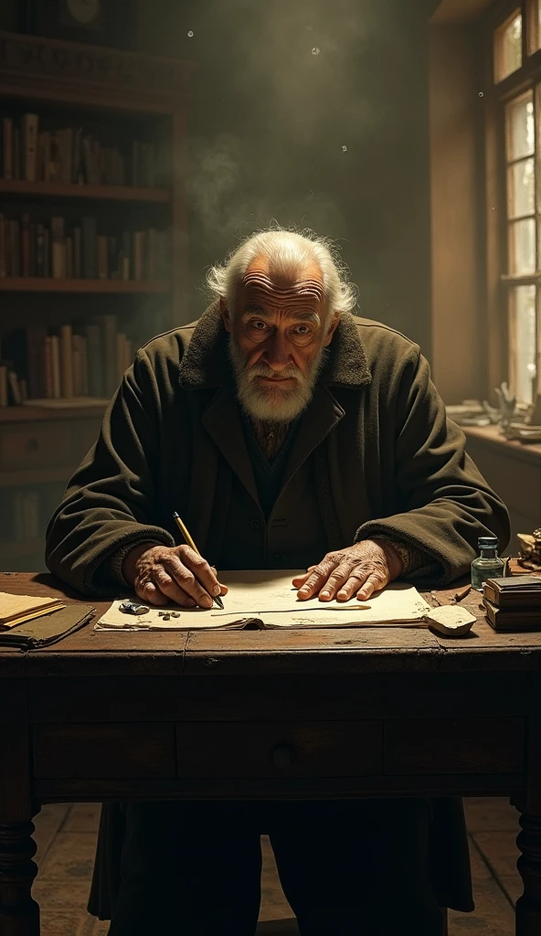 An old man sits at a dusty desk in a dimly lit room