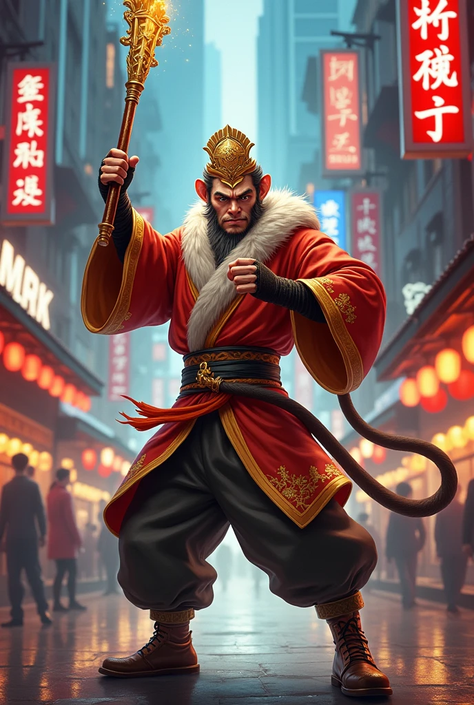 Now create an image in size 1080 x 1920 of sun wukong as a salesman holding his golden staff sun wukong looks like a young man in traditional dress from his story and is in a fighting stance according to his staff 