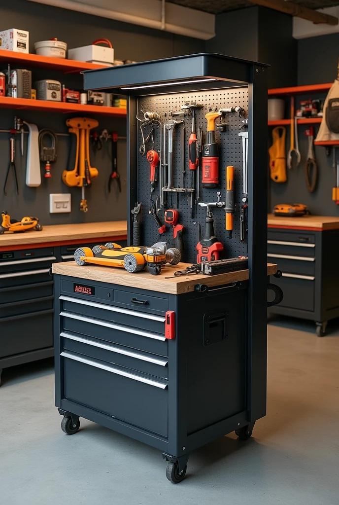Table that opens and closes upwards and contains tools