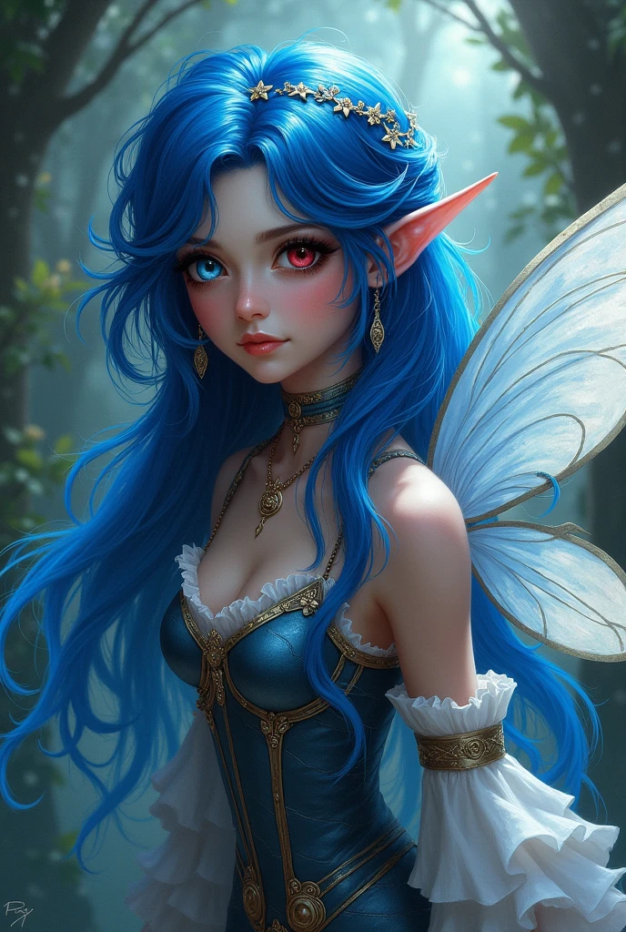  with dark blue big hair fairy costume, with different colored eyes, with a single wing