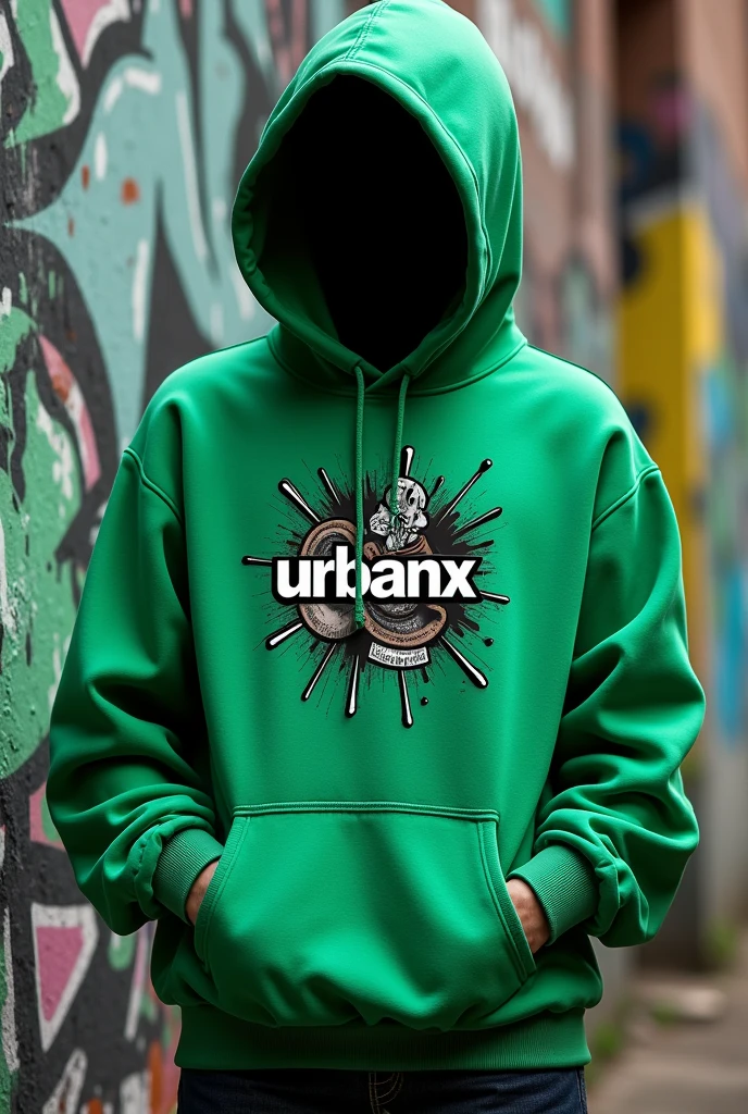 A high-quality, realistic image of an oversized green 'UrbanX' sweatshirt with a black hoodie, featuring a unique urban-inspired graphic print. The sweatshirt should be the sole focus of the image, with no people or additional clothing visible. The graphic print should be bold and original, incorporating elements such as graffiti tags, abstract shapes or street art motifs, complementing the "UrbanX" logo prominently displayed on the front. The background should feature a graffiti covered wall with green and black paint splatters, enhancing the urban atmosphere. The overall aesthetic should be modern, bold and stylish, highlighting the brand's distinctive urban appeal."