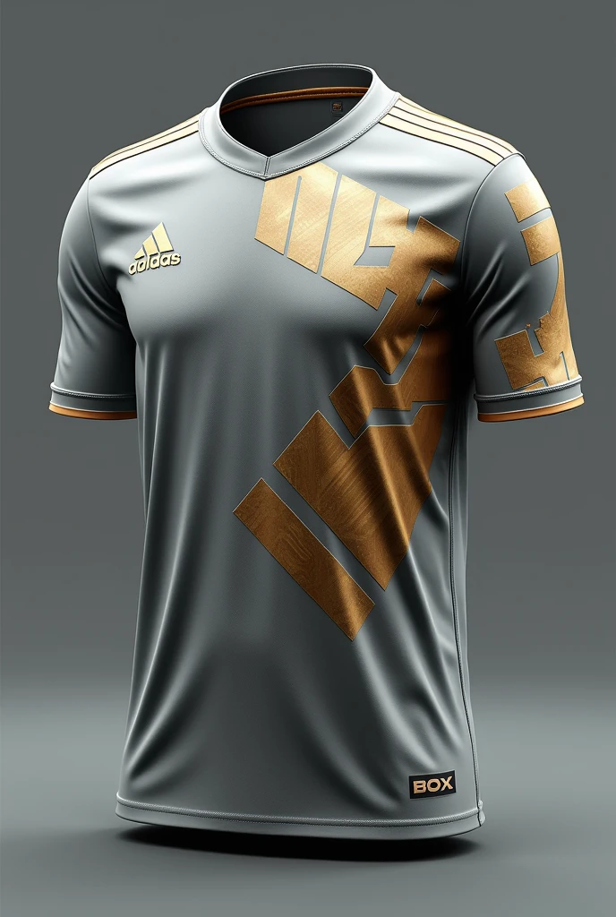Make a football kit with this style, Geometric Futuristic Design: Silver-grey t-shirt with a pattern of geometric shapes in metallic tones (the payment, gold and bronze). The shapes are strategically placed to create a three-dimensional effect.. The numbers and names of the players are in a digital typography inspired by electronic circuits.. The shorts have a reflective trim that shines under the light.