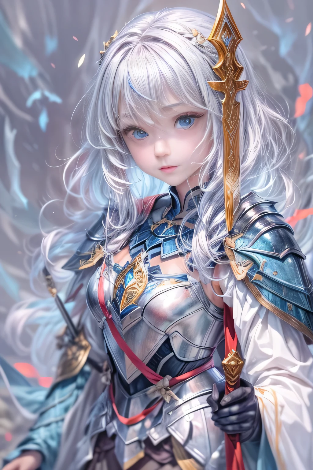 A female knight recognized by the legendary holy sword Excalibur、With the protection of the spirit of light, it emits an aura of light.、8k.Half Russian and half Japanese、Russian face、beautiful girl、princess、、Small face、Young face、Big eyes、Skinny、Small breasts、(((Silver Hair、Silver Hair)))、With bangs、(((High resolution big beautiful light blue glowing eyes, )))、Shortcuts、Bobcut、((Sailor suit))、(((Red ribbon in hair、Floral decoration)))、Partially braided、Red bow tie、Transforms into an armored knight at the call of the holy sword Excalibur.、Large sword、A holy sword that emits a pale blue light、((god々He holds up his sword, shining a deep blue, to the sky.))、god々A sword that shines brilliantly、fantasy landscape、Fantasy、Battle with the Dark Knight、Shatter a mountain with one sword
