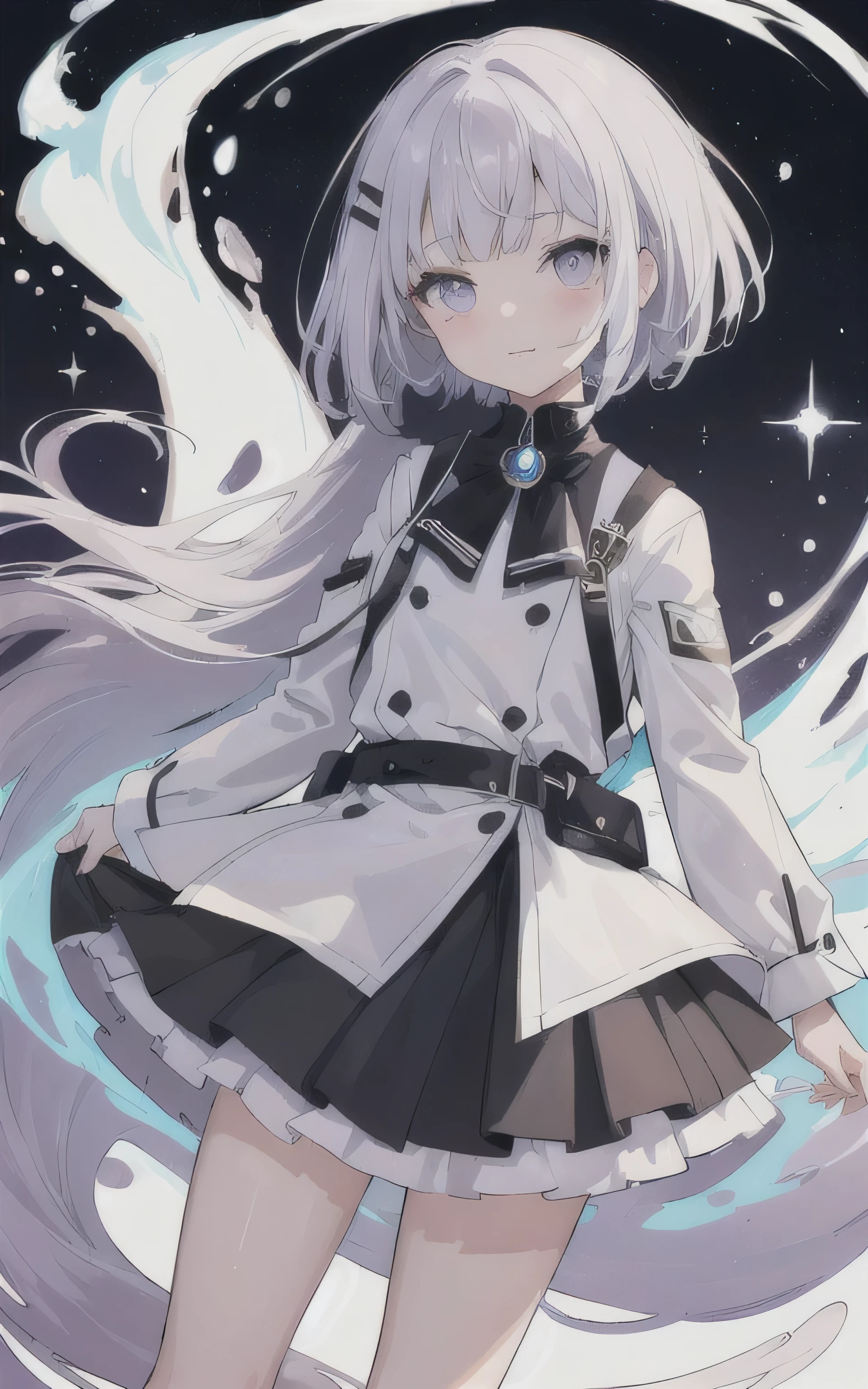 ((masterpiece:1.4, Highest quality))+, (Super detailed)+,(Super detailed eyes)+,
(Neutral Child),(Dark and white odd eyes:1.15),Lavender hair, Bob hair,(wariza:1.2),Slightly tanned skin,Mouth closed,Serious,
(Neutral Childはuniformを着ている:1.5),(uniform:1.4),
(Laughter:1.3),
(Dawn Light:1.2),violet,
(Heavy monochrome:1.16),(Depth of written boundary:1.4),