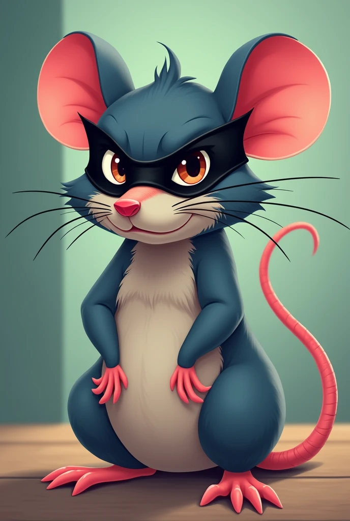 Create a serious rat in the foreground with a black mask in a cartoon style