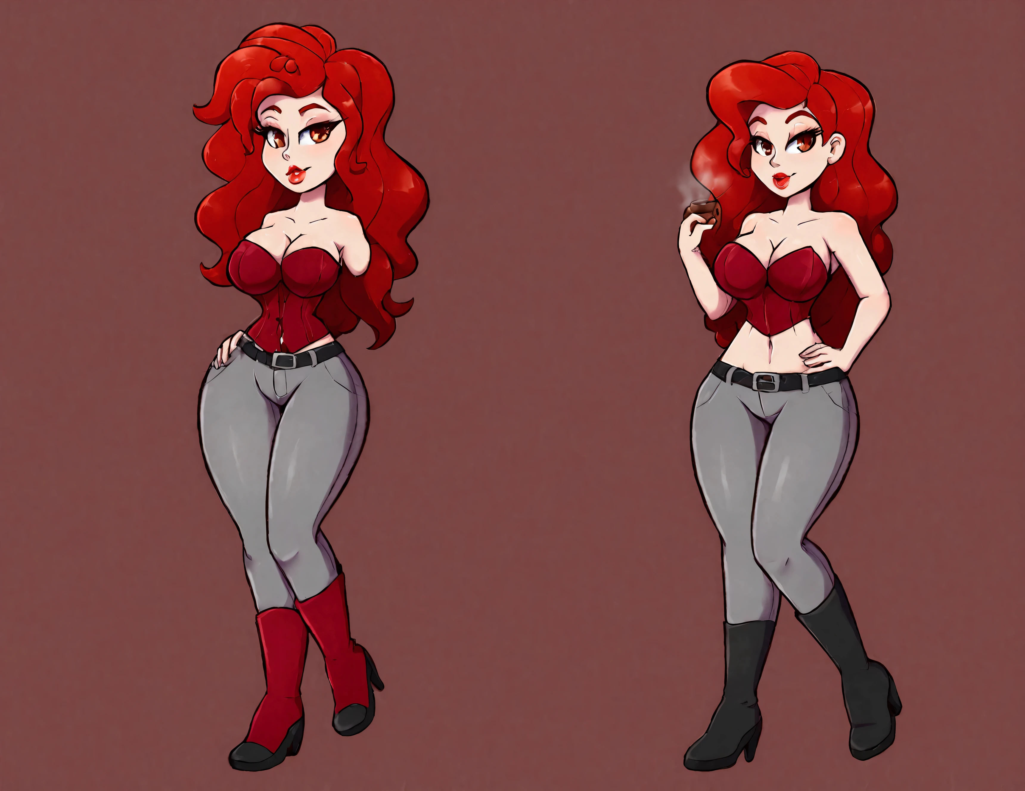  a tall, beautiful, and curvy woman with red wavy hair is depicted. She exudes happiness and sexiness, with a kind expression and striking red-tipped eyelashes. Her eye color is a captivating clear red. She is dressed in a stunning red corset top, revealing her navel, and a fitted gray pant with a black belt. Her outfit is completed by a pair of coffee-colored boots showcasing the character's detailed features and the dynamic