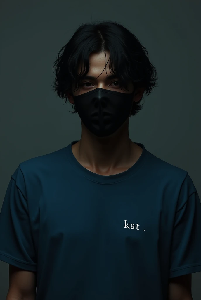 A man with short, wavy black hair wearing a black mask and a blue short-sleeved shirt with the word KAT written in small letters on his left chest.