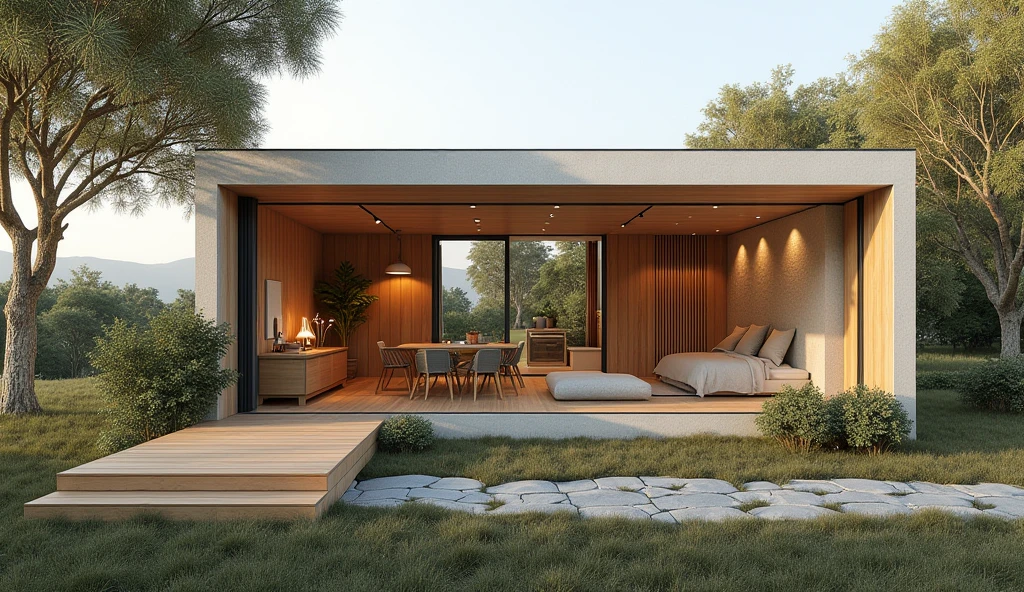 Create a floor plan for a small house with a size of 8m x 3.2m. The house should include a living room/working area (3m x 3.2m), a dining room/kitchen (2.5m x 3.2m), a bedroom (2m x 3.2m), and a bathroom (0.5m x 3.2m). The design should emphasize an open, natural vibe with large windows for natural light and space efficiency.