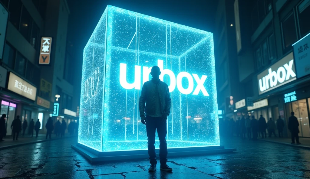 far-shot camera, Asian Mid-old male character stands in front of a giant cube hologram logo with the words "UrBox" in the wide growded street, character touch the hologram, The hologram logo explodes and emits an all-encompassing blue light. Outfit: Silver jacket, wae glass, strong gestures. Setting: Small alley between cyberpunk buildings. Lighting: Dark colors, faint blue lights from billboards. Effects: LED strips on the device gradually glow. Special: The scene evokes a sense of suspense and anticipation.
