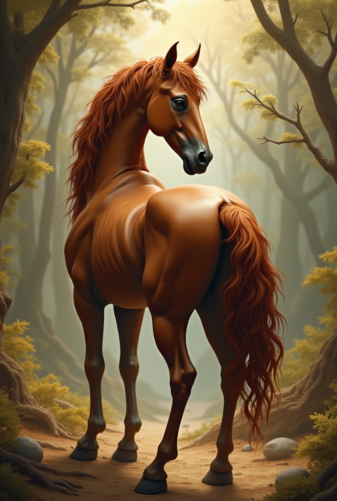 Generate me a Humanoid horse with a good ass,warm colors