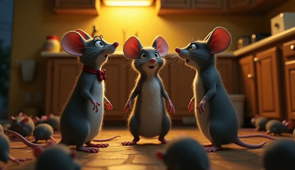 TOP DOWN CAMERA VIEW, FULL BODY SHOT OF 3d pixar animation style of 3 ADULT GREY MICE ONE OF THEM HAS A BOW TIE AND ONE OF THEM IS WEARING GLASSES, PLACED IN A CIRCLE BACK TO BACK WITH A LOOK OF FEAR WHILE THEY ARE INTIMIDATED BY A GROUP OF RATS IN A KITCHEN AT NIGHT , ILLUMINATED BY YELLOW ARTIFICIAL LIGHT