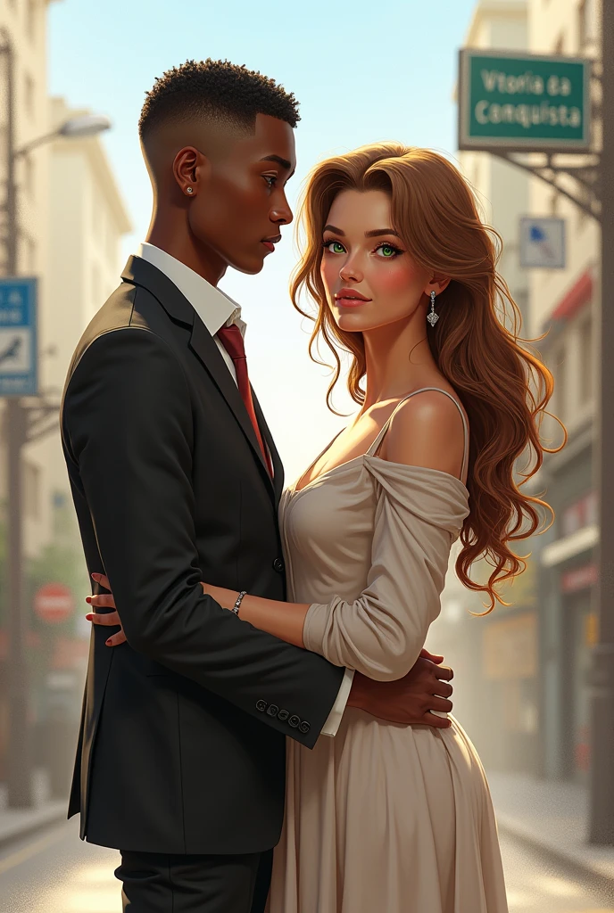 Illustration of a couple consisting of a young black man with short haircut, super tall stature with a thin but muscular body, with thin facial features wearing formal clothing and by an extremely white woman, lowrise, curvilinea, with broad shoulders, with a wide and defined body, green-eyed, with wavy light brown hair with a shade of red, wide hip, thick-thighs, tiny waist and very large buttocks wearing a long, long-sleeved, modest dress. The two in the city of Vitória da Conquista with a city sign in the background saying Vitória da Conquista.